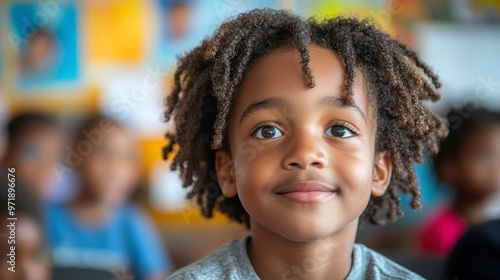 A smiling child with curly hair in a classroom setting, engaged and attentive.