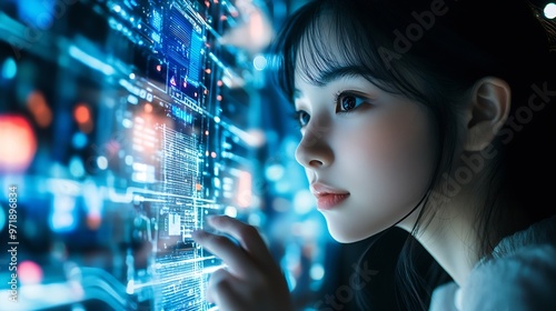 Stylish Japanese Young Woman Interacting with Augmented Reality Platform in a Technologically Advanced Room with Futuristic Cyberpunk City in the Background Beautiful Girl Doing Online : Generative AI