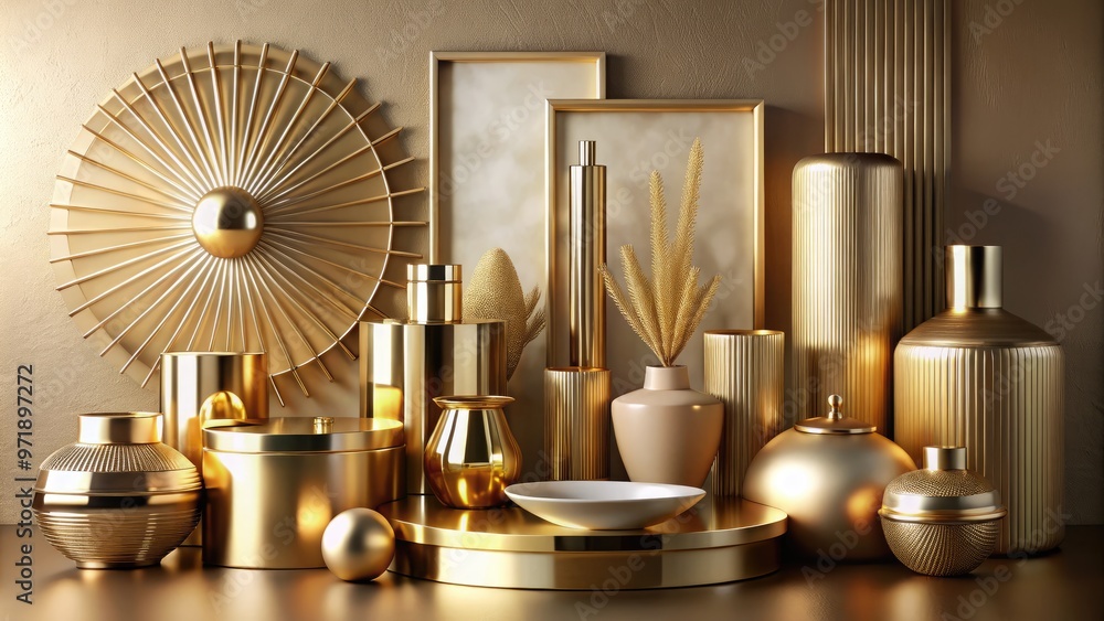 Luxurious metallic gold accents adorn sleek, modern objects, radiating opulence and sophistication against a neutral background, evoking high-end quality and prestige. Luxurious metallic gold accents adorn sleek, modern objects, radiating opulence and sophistication against a neutral background, evoking high-end quality and prestige.