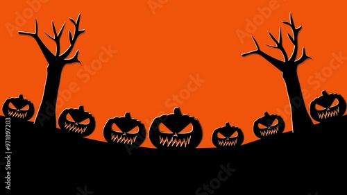 halloween pumpkin animation next to trees on colored background, halloween background