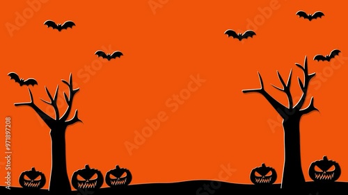 halloween pumpkin animation next to trees on colored background, halloween background