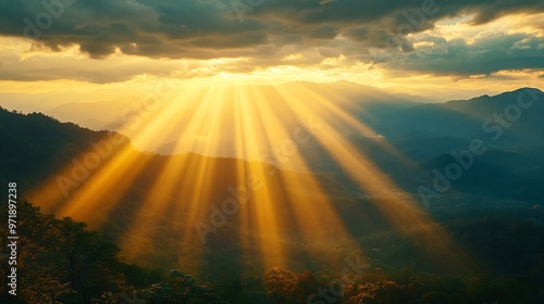 Golden light rays shining down to mountains Sun rays over valley Sun rays over hill Beam of light from clouds on the mountains oblique rays of sunlight through the mountains Doi Pui Co : Generative AI
