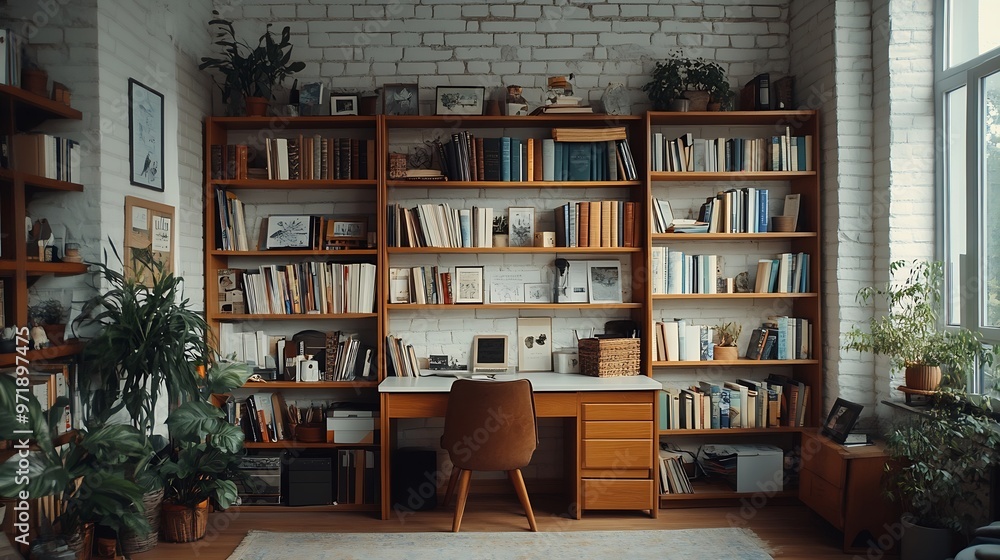 Interior of modern living room with workplace and bookshelf near white brick wall : Generative AI Interior of modern living room with workplace and bookshelf near white brick wall : Generative AI
