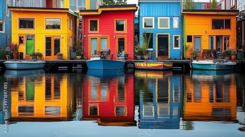 Houseboats in the harbor and vibrant color reflections on the water at Victoria Harbour in Victoria Vancouver Island British Columbia Canada : Generative AI photo