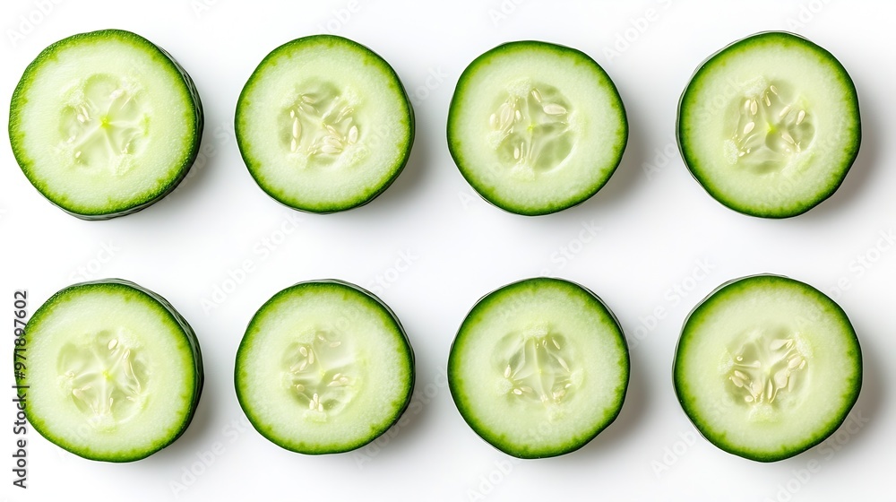 Round cucumber slices from different angles isolated on a white background : Generative AI Round cucumber slices from different angles isolated on a white background : Generative AI