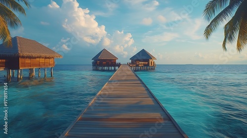 Island view of Maldives island luxury water villas resort and wooden pier Beautiful sky and ocean lagoon beach palms sand Summer vacation holiday and travel concept Paradise shore coas : Generative AI photo