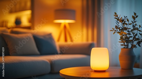 Interior of cozy living room with sofa table armchairs and glowing lamps : Generative AI