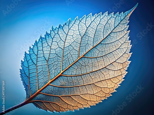 Macro shot of a single, intricate leaf showcasing its delicate veins, waxy cuticle, and serrated edges, illuminated against a soft, gradient blue background. photo