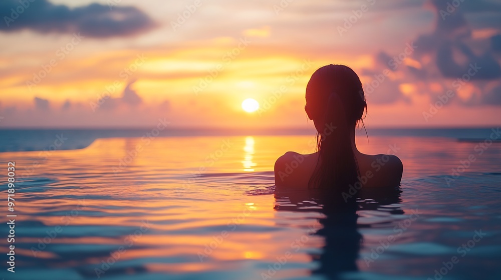 Vacation Beach Summer Holiday Concept Silhouette pretty woman relaxing in swimming pool on summer beach resort watching sunset : Generative AI Vacation Beach Summer Holiday Concept Silhouette pretty woman relaxing in swimming pool on summer beach resort watching sunset : Generative AI