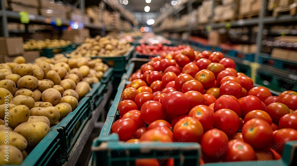 Potatoes and tomatoes in a warehouse. Potatoes and tomatoes in a warehouse.