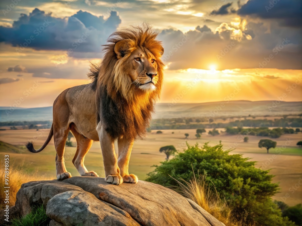 Majestic African lion with regal mane stands triumphant on rocky ...