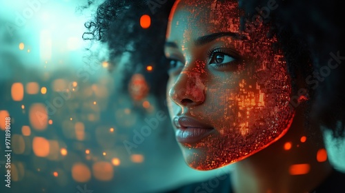 World tablet and overlay with a business black woman using an ai or ux interface to access the metaverse of data Digital future and information with a global network working on a 3d ho : Generative AI