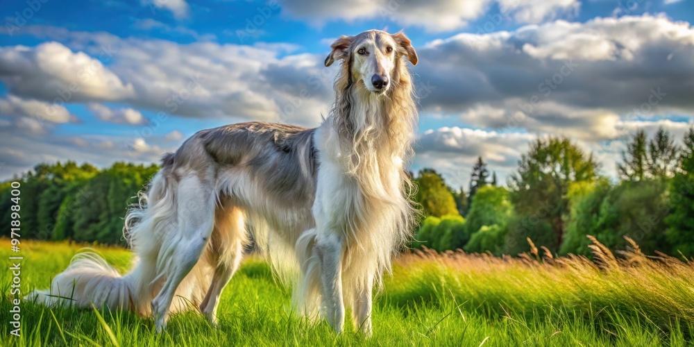 Majestic Borzoi Hund dog with silky grey coat, perked ears, and regal demeanor, standing proudly in a lush green meadow on a sunny day. Majestic Borzoi Hund dog with silky grey coat, perked ears, and regal demeanor, standing proudly in a lush green meadow on a sunny day.