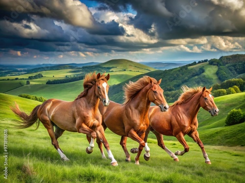 Majestic chestnut horses gallop freely in a lush green meadow surrounded by rolling hills and cloudy sky on a serene summer afternoon. photo