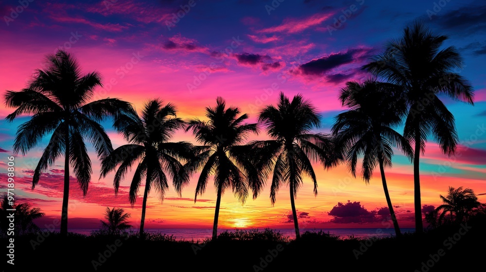 Obraz premium Serene Tropical Sunset Silhouette with Palm Trees on Horizon under Colorful Sky