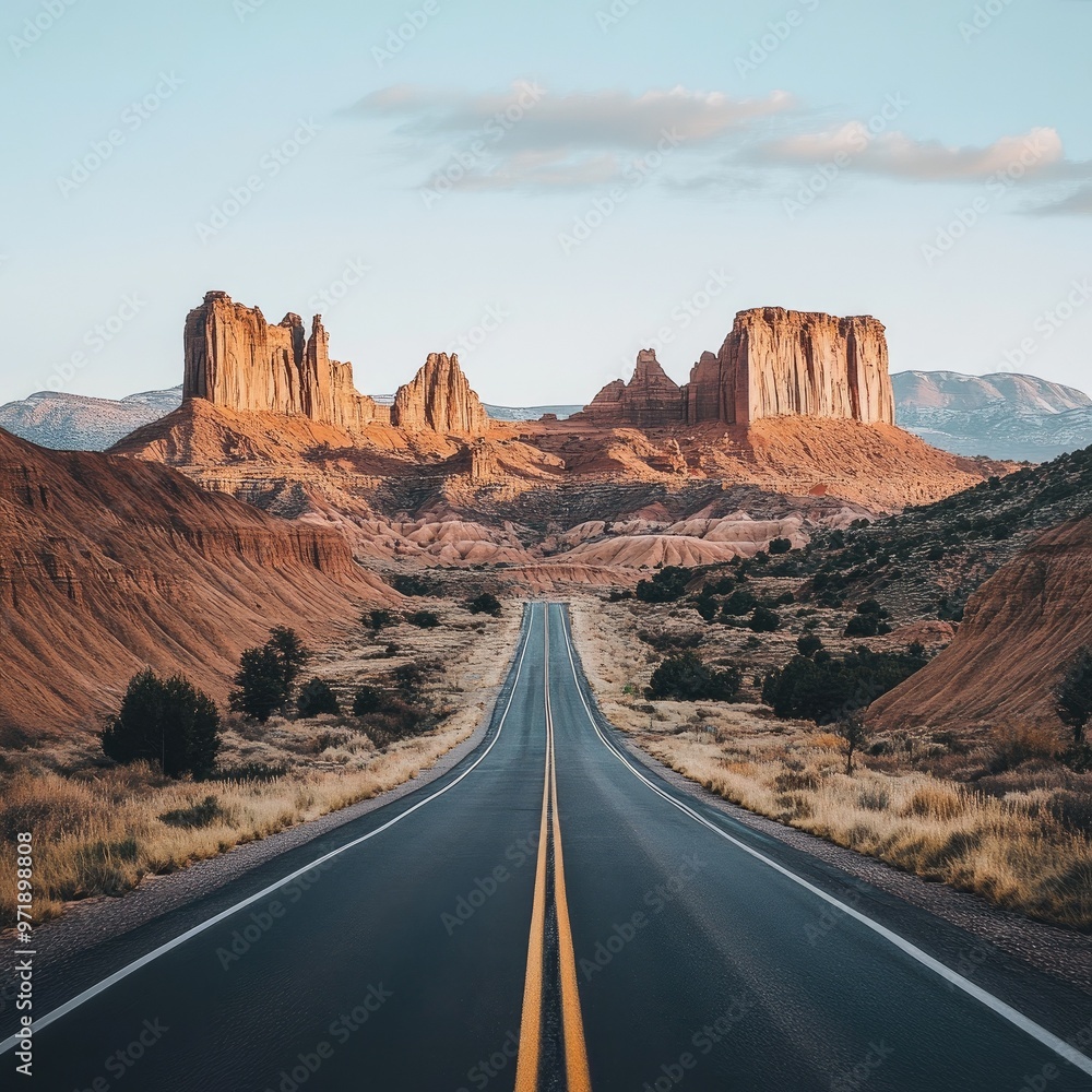Fototapeta premium A scenic road leads through stunning red rock formations under a clear sky, perfect for adventure and exploration.
