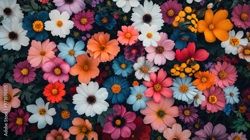 This multicolored bouquet features an array of flowers, all facing forward in perfect alignment. photo