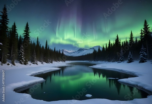 Snowy mountains reflected in a calm lake, with vibrant green and purple aurora