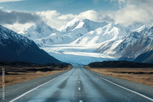 A tranquil road leading towards majestic mountains and an icy glacier under a dramatic sky, perfect for travel and adventure themes.