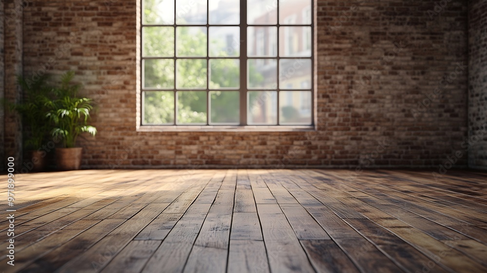 Empty room with big window in loft styleWooden floor and brick wall in a modern interior 3D render : Generative AI Empty room with big window in loft styleWooden floor and brick wall in a modern interior 3D render : Generative AI