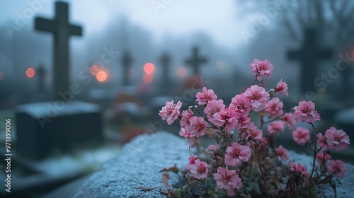 Dusk at a winters English cemetery seen with infocus flowers in a burial plot : Generative AI photo