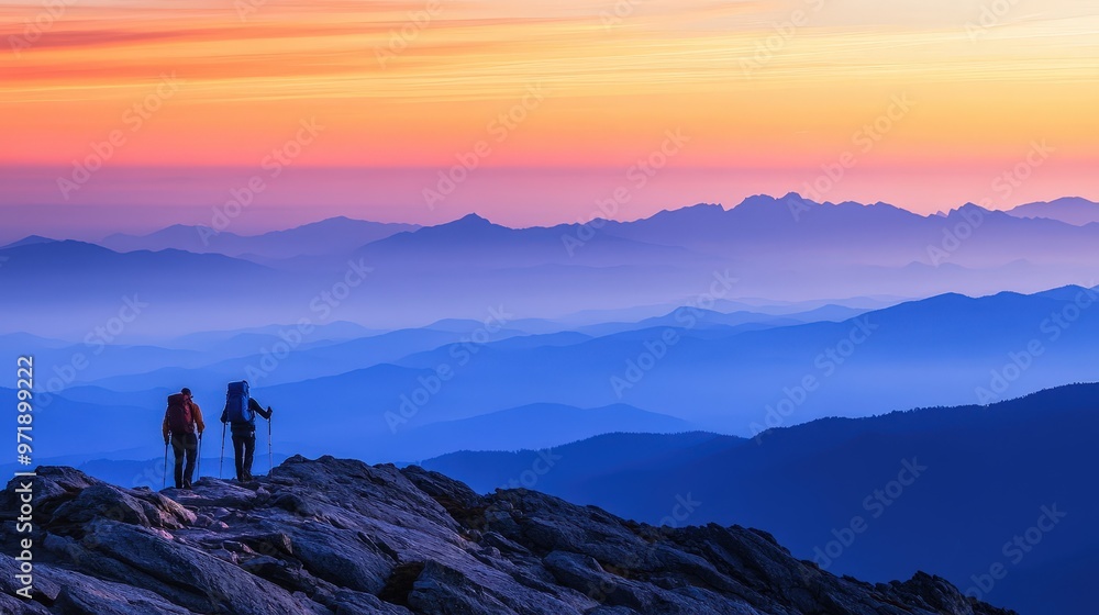 Adventurous Hike at Sunset: Two Hikers on Rugged Ridge with Majestic Mountain Layers and Colorful Sky Adventurous Hike at Sunset: Two Hikers on Rugged Ridge with Majestic Mountain Layers and Colorful Sky