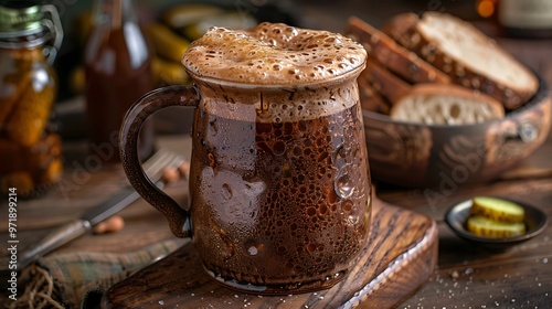 A traditional Russian kvass served in a ceramic mug, with the deep brown liquid frothy at the top. The mug is placed on a wooden table with a spread of Russian bread and pickles,  photo