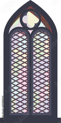 Gothic stained glass window with leadlight design illuminating the interior of a church with colorful light