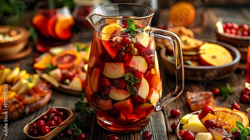 A traditional Spanish sangria with fruit chunks like oranges, apples, and berries, floating in the wine. The glass pitcher is set on a rustic wooden table, with a lively Spanish tapas spread,  photo