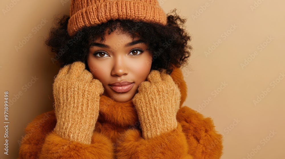 An African American woman dressed in a cozy winter coat, hat, and gloves exudes warmth and style while posing against a neutral background An African American woman dressed in a cozy winter coat, hat, and gloves exudes warmth and style while posing against a neutral background