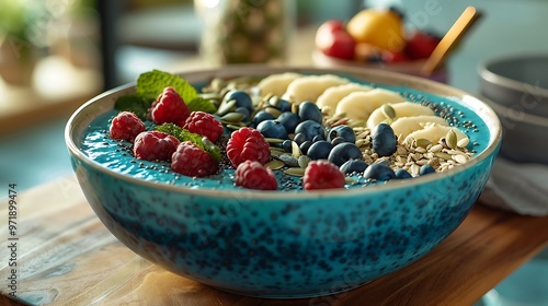 Fototapeta Naklejka Na Ścianę i Meble -  A vibrant blue spirulina smoothie bowl, topped with fresh fruits and seeds arranged artistically. The bowl is placed on a wooden table with a bright, sunny kitchen in the background, 
