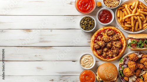 Selection of take out and fast foods Corner border banner Pizza hamburgers fried chicken and sides Top down view on a white wood background with copy space : Generative AI