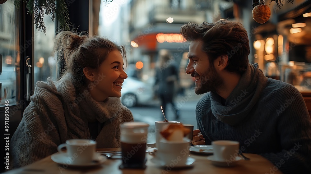 Happy couple enjoying breakfast drinking coffee at bar cafeteria Life style concept with guy and girl in love having date moment sitting at restaurant in the city centre : Generative AI Happy couple enjoying breakfast drinking coffee at bar cafeteria Life style concept with guy and girl in love having date moment sitting at restaurant in the city centre : Generative AI