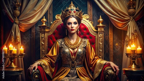 Majestic regal woman with golden crown and ornate robes sits on lavish throne, surrounded by opulent velvet drapes and sparkling gemstones in a grand palace setting.