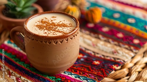Authentic Mexican horchata served in a traditional clay mug, with a sprinkle of cinnamon on top. The mug is placed on a colorful woven tablecloth with a backdrop of vibrant Mexican décor, 