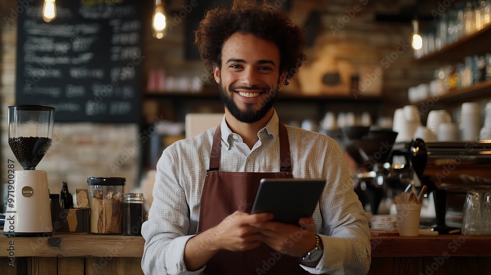 Successful small business owner using digital tablet and looking at camera Happy smiling waiter ready to take order Portrait of young entrepreneur of coffee shop standing at counter wi : Generative AI Successful small business owner using digital tablet and looking at camera Happy smiling waiter ready to take order Portrait of young entrepreneur of coffee shop standing at counter wi : Generative AI