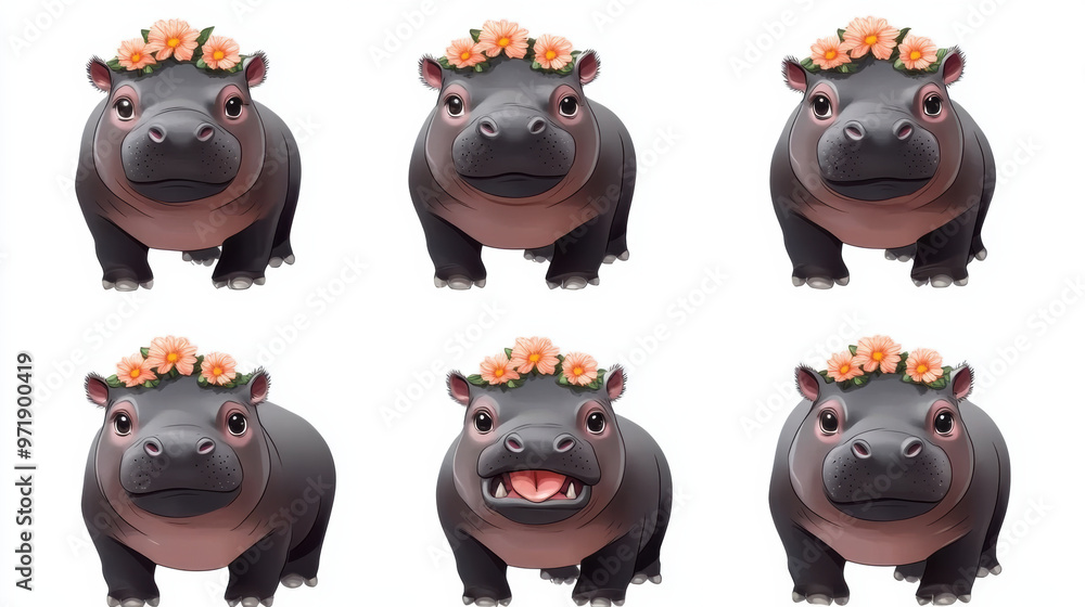 A cute little black baby hippo with fluffy fur and floral crown displays various adorable expressions. This charming character brings joy and warmth to any setting A cute little black baby hippo with fluffy fur and floral crown displays various adorable expressions. This charming character brings joy and warmth to any setting