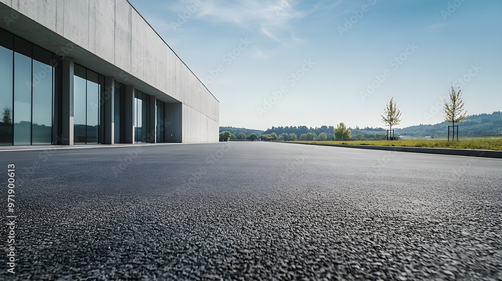 Modern Concrete Building with Large Windows and a Blacktop Driveway Modern Concrete Building with Large Windows and a Blacktop Driveway