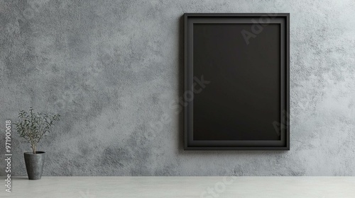 Modern wall with empty black frame, ideal for displaying art or photos. Minimalist interior design with a touch of elegance. photo