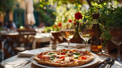 A summer  dinnerTraditional italian food in outdoor restaurant in Trastevere districtTasty and authentic Italian kitchenPasta pizza  and homemade food arrangement  in Rome Italy : Generative AI photo