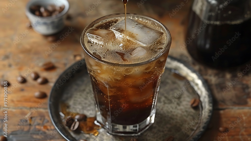 Iced Vietnamese coffee dripping into a glass, the dark coffee mixing with condensed milk at the bottom. The glass is set on a small metal tray with a traditional Vietnamese coffee filter on Iced Vietnamese coffee dripping into a glass, the dark coffee mixing with condensed milk at the bottom. The glass is set on a small metal tray with a traditional Vietnamese coffee filter on