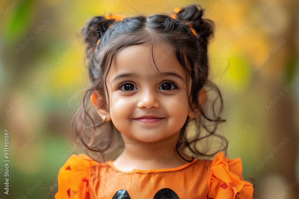 Little Indian Girl Wearing Halloween Costume Ready to Trick-or-Treat Little Indian Girl Wearing Halloween Costume Ready to Trick-or-Treat
