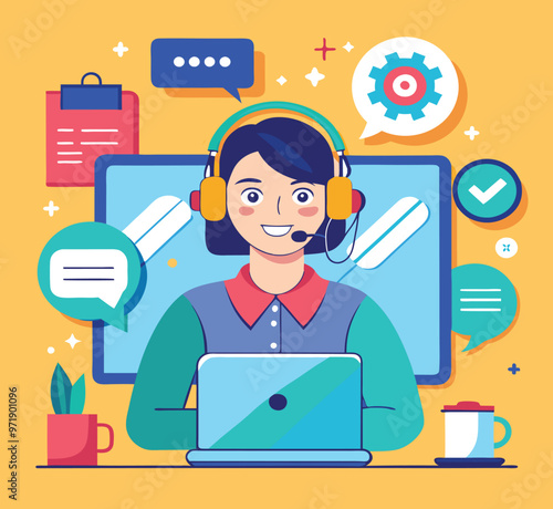 Online customer service, representative assisting via chat, flat design illustration,a receptionist with headphones with microphone in front of a Laptop in an office working with minimalist background