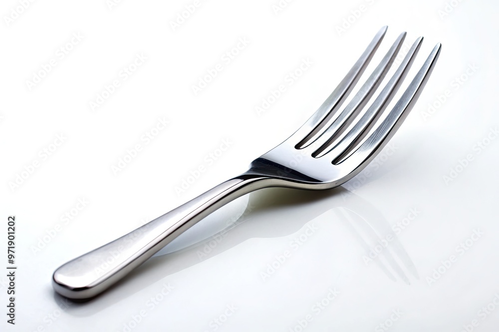 Metal fork prongs curved upward, shiny and new, against a clean white background, waiting to pierce a juicy piece of food. Metal fork prongs curved upward, shiny and new, against a clean white background, waiting to pierce a juicy piece of food.