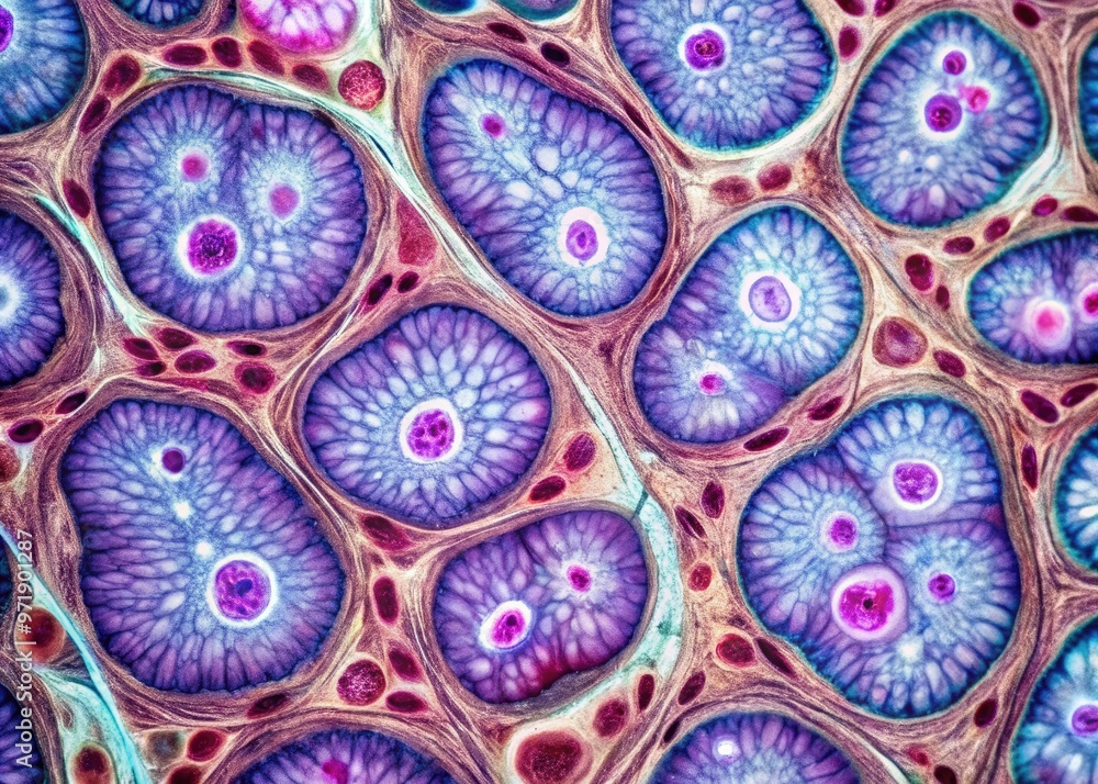 Microscopic view of pseudostratified epithelial cells with basal nuclei and apical microvilli, exhibiting a layered yet non-stratified arrangement, in a biological tissue sample. Microscopic view of pseudostratified epithelial cells with basal nuclei and apical microvilli, exhibiting a layered yet non-stratified arrangement, in a biological tissue sample.