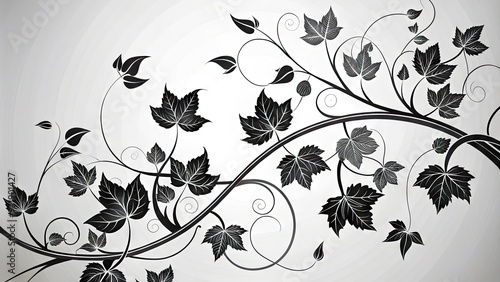 Minimalist, hand-drawn, abstract black illustration of intricate vines and leaves on a white background, creating a dramatic, striking, and elegant visual composition.