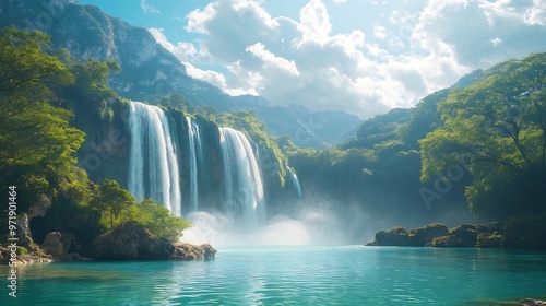 Natural landscape with turquoisecolored water and the monumental Tamul waterfall in the background on a sunny day with clouds in the Huasteca Potosina : Generative AI photo