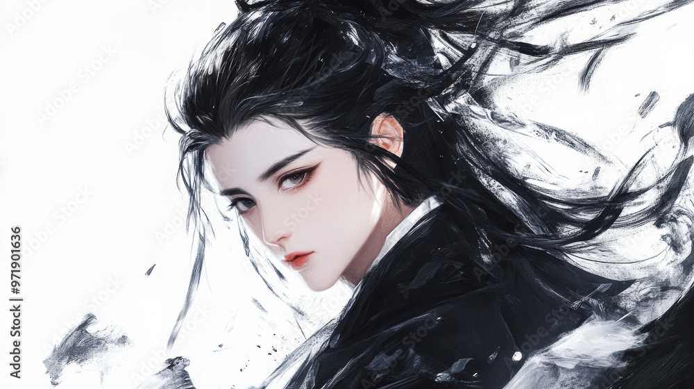 A striking portrait of person with long, flowing black hair, exuding fierce gaze against pure white background. artwork captures multiple poses, showcasing elegance and intensity A striking portrait of person with long, flowing black hair, exuding fierce gaze against pure white background. artwork captures multiple poses, showcasing elegance and intensity