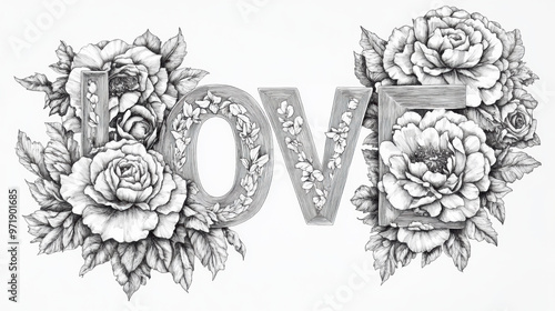 Wallpaper Mural Floral love lettering with peonies and roses creates beautiful and romantic design. intricate details and elegant flowers enhance expression of love Torontodigital.ca