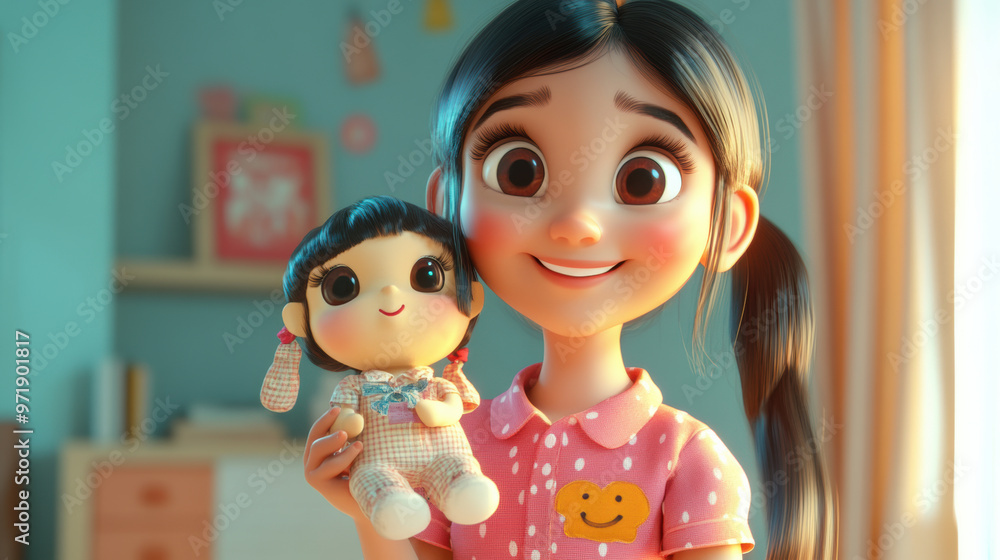 A joyful 10 year old girl holds cute doll in her colorful room, radiating happiness and innocence. vibrant setting enhances playful atmosphere A joyful 10 year old girl holds cute doll in her colorful room, radiating happiness and innocence. vibrant setting enhances playful atmosphere